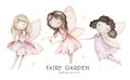 Fairy Flowers watercolor isolated kids illustration for girls. Cartoon pink magic girl baby shower poster. Happy Birthday kid