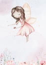 Fairy and Flowers watercolor isolated kids illustration for girls. Cartoon pink magic girl baby shower poster. Happy Birthday kid