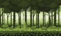 Fairy forest. Bright forest woods, silhouttes, trees with bushes, ferns and flowers. For design game, apps, websites