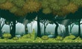 Fairy forest. Bright forest woods, silhouttes, trees with bushes, ferns and flowers. For design game, apps, websites