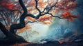 Fairy forest in fog. Fall woods. Enchanted autumn forest in fog in the morning. Old Tree. Landscape with trees, colorful orange