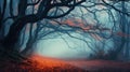 Fairy forest in fog. Fall woods. Enchanted autumn forest in fog in the morning. Old Tree. Landscape with trees, colorful orange