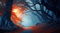 Fairy forest in fog. Fall woods. Enchanted autumn forest in fog in the morning. Old Tree. Landscape with trees, colorful orange