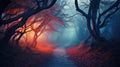 Fairy forest in fog. Fall woods. Enchanted autumn forest in fog in the morning. Old Tree. Landscape with trees, colorful orange