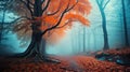 Fairy forest in fog. Fall woods. Enchanted autumn forest in fog in the morning. Old Tree. Landscape with trees, colorful orange