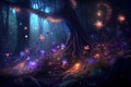 Fairy forest at night, fantasy glowing flowers and lights, generative AI