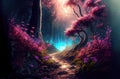 Fairy forest at night, scenery of fantasy purple flowers and blooming trees, generative AI Royalty Free Stock Photo