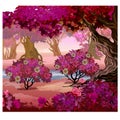 Fairy forest with pink trees. Fantasy nature. Vector illustration.