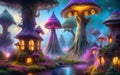 fairy forest village, fog, bright colors, fairy lights, detailed fantasy background,
