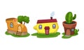Fairy Garden Houses Rested on Green Lawn Vector Set Royalty Free Stock Photo