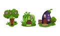 Fairy Garden Houses Rested on Green Lawn Vector Set Royalty Free Stock Photo