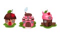 Fairy Garden Houses Rested on Green Lawn Vector Set Royalty Free Stock Photo