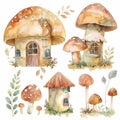 Fairy Garden and Mushroon House Watercolor Illustration