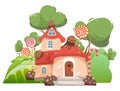 Fairy garden. Sweet caramel fairy house. Illustration in cartoon style flat design. Summer cute landscape. Picture for Royalty Free Stock Photo