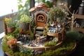 a fairy garden with whimsical plants, miniature furniture and a wishing well Royalty Free Stock Photo