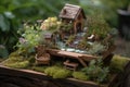 a fairy garden with whimsical plants, miniature furniture and a wishing well Royalty Free Stock Photo