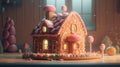 Fairy gingerbread house. Christmas card with gingerbread cookies with chocolate, sweets, lollipops and candy canes. AI generative. Royalty Free Stock Photo