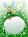 Fairy girl with blue wings seated near the round pond bordered b Royalty Free Stock Photo