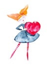 A fairy girl with closed eyes and red hair is flying, dreaming and holding a big red heart for Valentine`s day. Watercolor Royalty Free Stock Photo