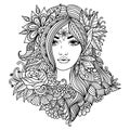 Fairy girl with mandala flowers for coloring book, print on product, laser engraving and so on. Vector illustration