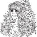 Fairy girl with mandala flowers for coloring book, print on product, laser engraving and so on. Vector illustration