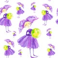 Fairy girl in a purple dress with purple hair developing in the wind.Holding the globe,the green planet earth . Watercolor Royalty Free Stock Photo