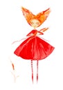 Fairy girl in a red dress and striped stockings,with red hair developing in the wind. Flying through the air and holding ears of Royalty Free Stock Photo