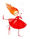 Fairy girl in a red dress and striped stockings,with red hair developing in the wind. Holds a plush hare in his hand and plays the Royalty Free Stock Photo