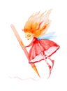 Fairy girl in a red dress and striped stockings,with red hair developing in the wind holds a huge pencil and draws. Watercolor