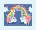 Fairy girl vector magic faery character and fantasy beautiful princess cartoon unicorn of fairy-tale in rainbow