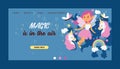 Fairy girl vector web landing page magic faery character and fantasy beautiful princess cartoon unicorn of fairy-tale in Royalty Free Stock Photo