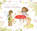 Fairy girls at a tea party on a mushroom table watercolor illustration for a birthday invitation