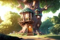 fairy house with a balcony inside a tree in a forest glade