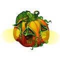 Fairy house in form of ripe pumpkin with glowing windows isolated on white background. Vector close-up cartoon Royalty Free Stock Photo