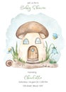 Watercolor baby shower with fairy house mushroom, snail, flowers, butterfly Royalty Free Stock Photo