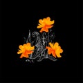 Fairy house with orange cosmos flowers. Beautiful illustration on black background