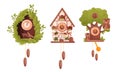 Fairy House Shaped Wall Mounted Clocks with Hanging Fir Cones and Birds Vector Set Royalty Free Stock Photo