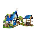 Cartoon house in a village with a stone water well Royalty Free Stock Photo