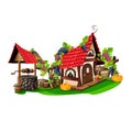 Cartoon house in a village with a stone water well Royalty Free Stock Photo