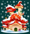 Fairy houses red mushrooms with funny owls in winter