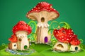 Fairy houses red mushrooms with water mill, golden bell and owls Royalty Free Stock Photo