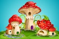 Fairy houses red mushrooms with water mill, golden bell and owls