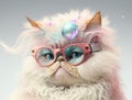 Fairy Kei style persian cat in fashionable design, wearing eyeglasses