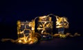 Recycled jars reused as festive holidays table decoration, selective focus