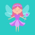 Fairy little princess with wings. Flying fairies. Paper doll. Violet flower dress. Hair decoration, magic wand. Cute cartoon Royalty Free Stock Photo