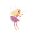 Fairy with long blond hair spreading magical dust. Pixie girl in fancy purple dress with wings. Little mythical creature