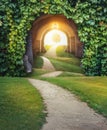 Fairy magic enchanted landscape with road and Mysterious gate entrance Royalty Free Stock Photo