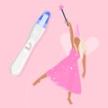 Fairy with magic wand dancing around positive pregnancy test. Reproduction,baby planning and motherhood concept.