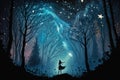 fairy, with magic wand and starry sky, in elfin forest