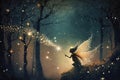 fairy, with magic wand and starry sky, in elfin forest